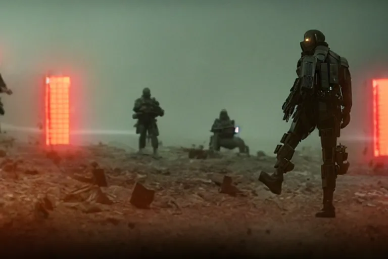 Prompt: vfx film closeup, blade runner 2 0 4 9 futuristic soldiers shoot at enemy robots futuristic war, battlefield war zone, shootout, running, shooting, explosion, battlefront, leaping, flat color profile low - key lighting award winning photography arri alexa cinematography, big crowd, hyper real photorealistic cinematic beautiful, atmospheric cool colorgrade