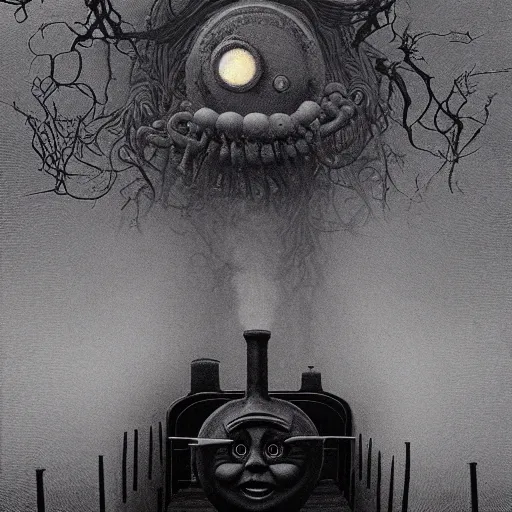 Prompt: thomas the tank engine in style of zdzisław beksinski, extremely dramatic lighting, 8 k, tendrils, black, darkness, body horror, thomas the train, thomas the tank engine face, horror,