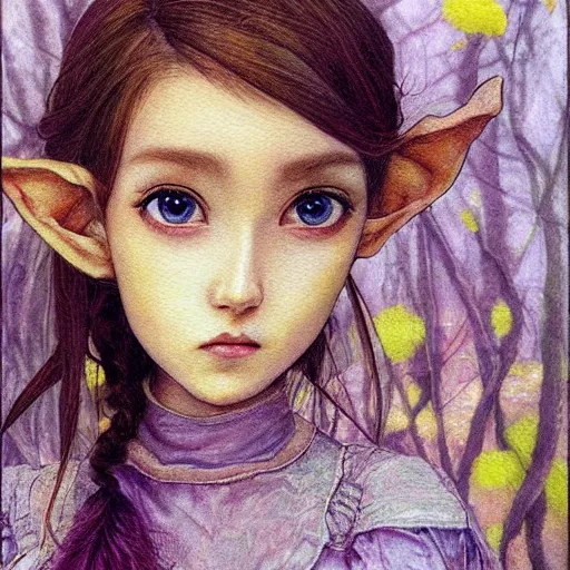 Image similar to little elf girl, tunic, soft hair. light color palate, purple, yellow and white. detailed soft painting, ayami kojima, made in abyss, anatomically correct, inspired in balthus, high detailed face anime, vogue magazine, realistic painting