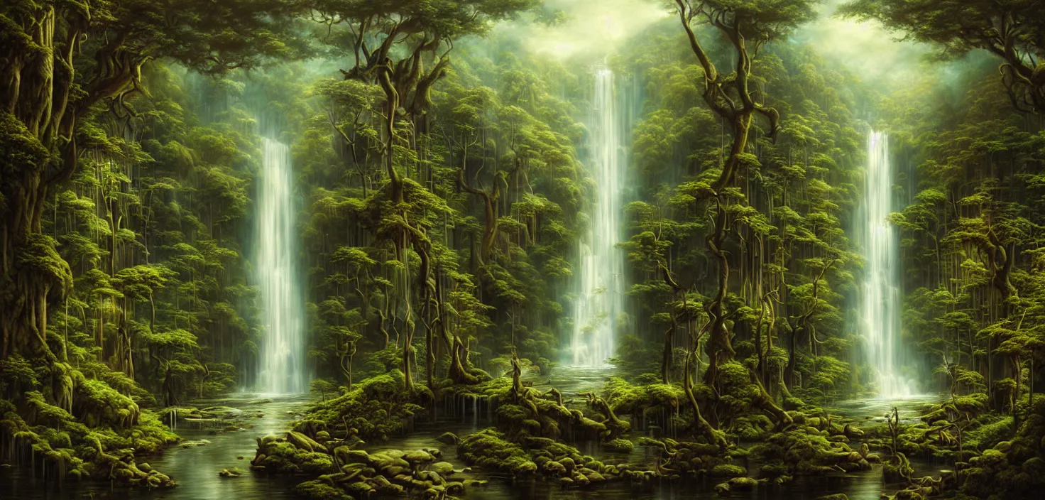 Prompt: a painting of a waterfall in a random forest, a detailed matte painting by todd lockwood, deviantart, fantasy art, matte painting, matte drawing, airbrush art