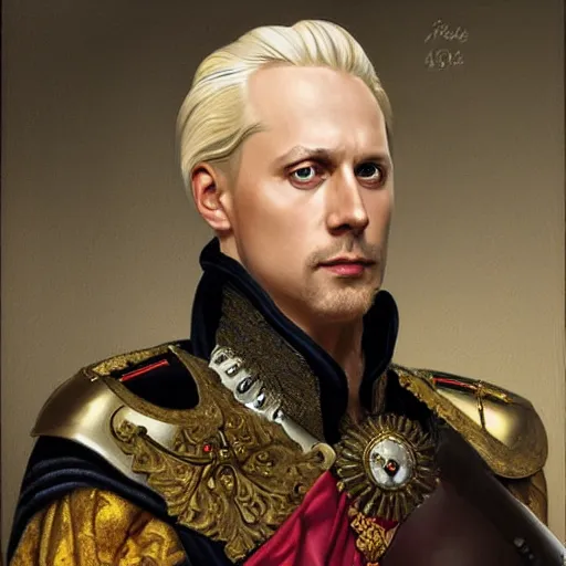 Prompt: Portrait painting commission of Emperor Varis, stern and severe military officer, middle aged Germanic nobility, angular face, long platinum blonde hair, featured on artstation, cinematic chiaroscuro, digital art by Leyendecker and Norman Rockwell