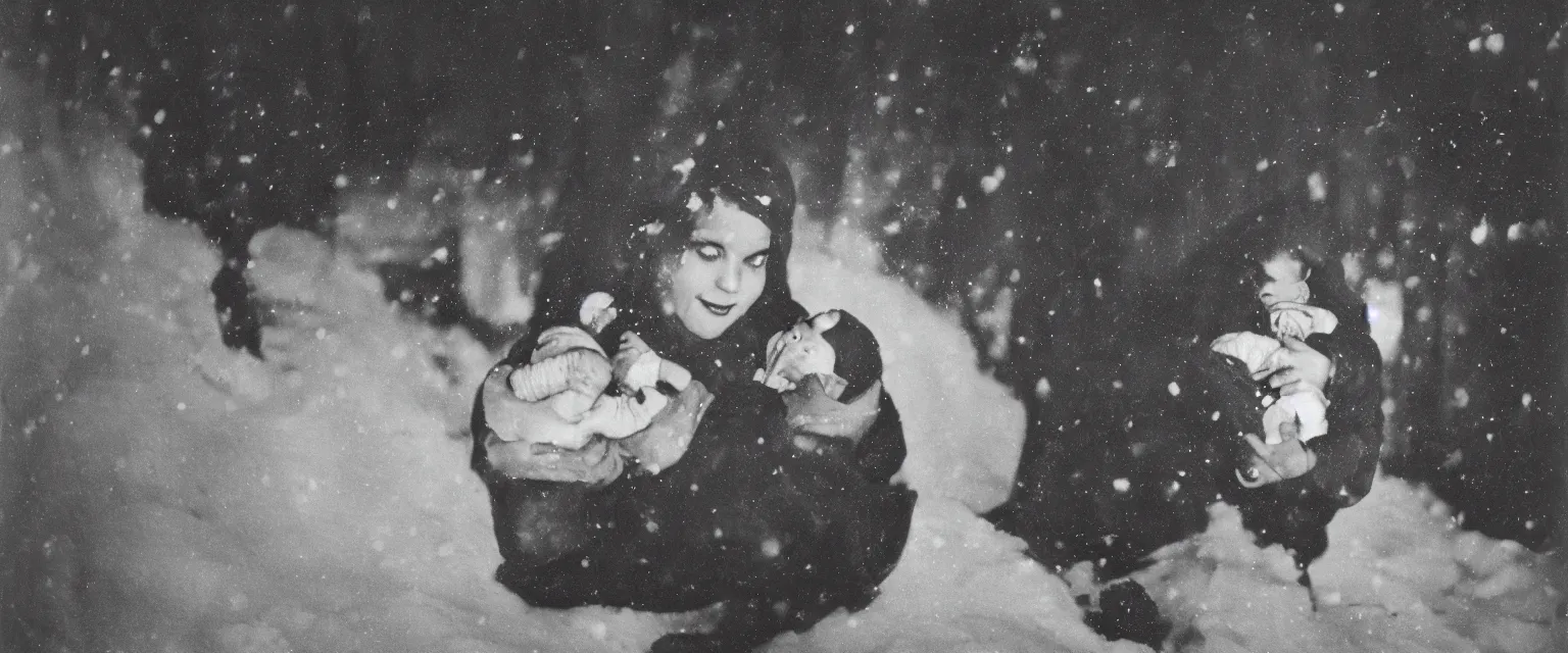 Image similar to weegee portrait of a woman holding a baby in the snow at night