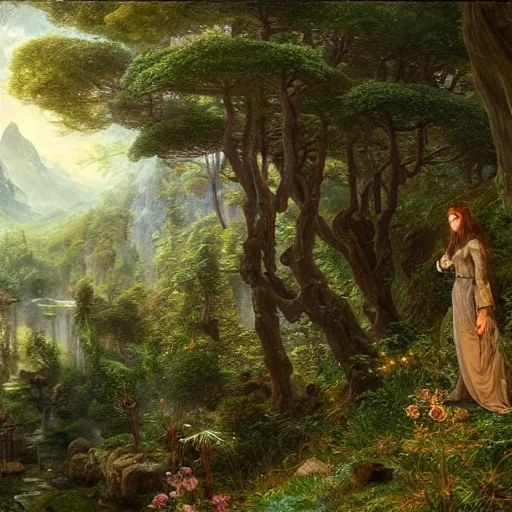 Image similar to a beautiful and highly detailed matte painting of an elven garden in a mystical forest in a dreamy valley deep in the tall mountains of avalon, intricate details, epic scale, insanely complex, 8 k, sharp focus, hyperrealism, very realistic, by caspar friedrich, albert bierstadt, james gurney, brian froud,