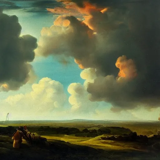Prompt: sunny day, underlying sense of dread, stormy clouds on the horizon, warm saturated palette, dreary atmosphere, moody, vivid, striking, dramatic, baroque masterpiece landscape painting