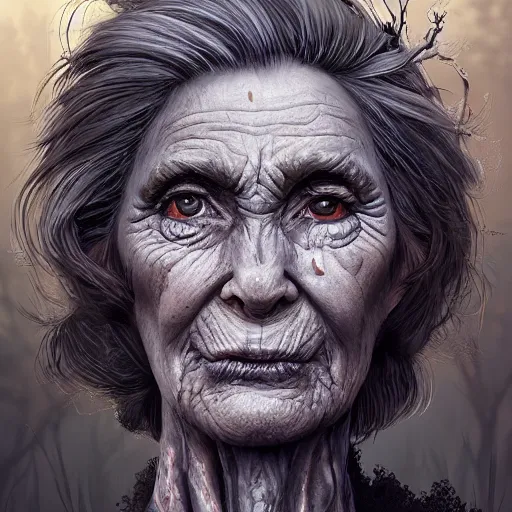 Image similar to fantasy portrait of an energetic old woman with silky, cloudy grey hair, black scars on her face, swamp vegetation in the background, nocturnal palette, art by greg rutowski, raphael lacoste, eddie mendoza, artgerm, trending on artstation