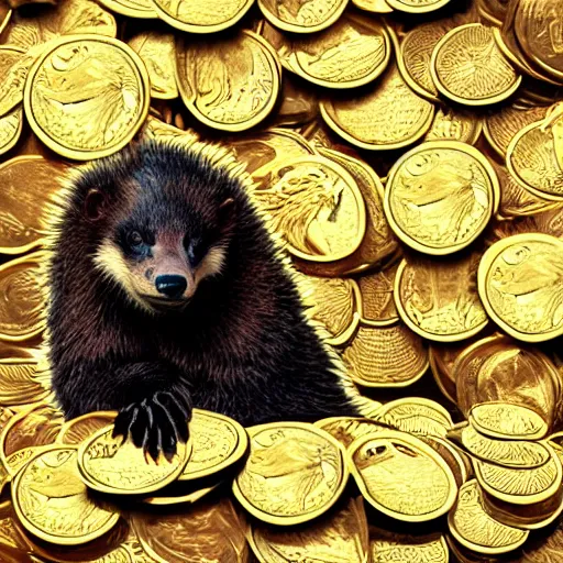 Prompt: a honey badger sitting on a large pile of gold coins, animated, sticker art, sticker, white border, digital art, trending on artstation, 4 k