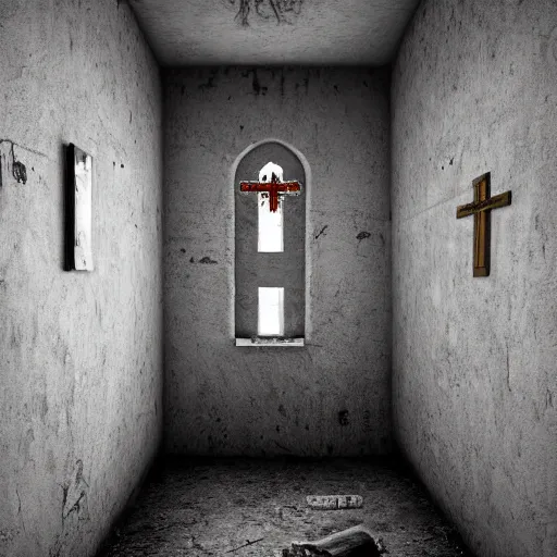 Prompt: interior of a prison cell with an old crucifix of jesus christ on the center of a dirty wall, eerie atmosphere, hyperrealism, realistic