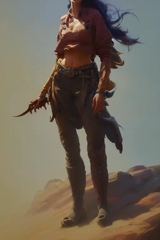 Image similar to full body, female cowboy, extremely detailed digital painting, in the style of fenghua zhong and ruan jia and jeremy lipking and peter mohrbacher, mystical colors, rim light, beautiful lighting, 8 k, stunning scene, raytracing, octane, trending on artstation