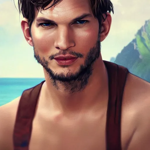 Image similar to a beautiful and detailed portrait of ashton kutcher in the movie cast away, viewed in profile from far away, ultrawide lens, art by artgerm and greg rutkowski and alphonse mucha, volumetric lighting, octane render, 4 k resolution, trending on artstation, masterpiece