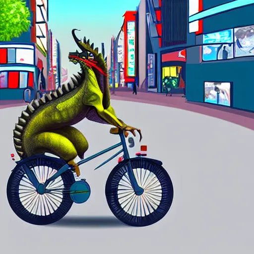 Image similar to a digital painting of a real dragon is riding a bike in the streets of Tokyo