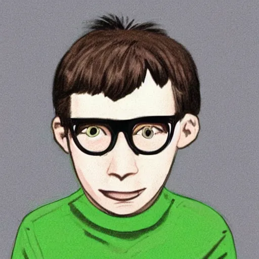 Prompt: boy with a thin face, knobbly knees, black hair and bright-green eyes. He wore round glasses held together with a lot of Sellotape because of all the times Dudley had punched him on the nose. The only thing Harry liked about his own appearance was a very thin scar on his forehead which was shaped like a bolt of lightning, detailed, illustration