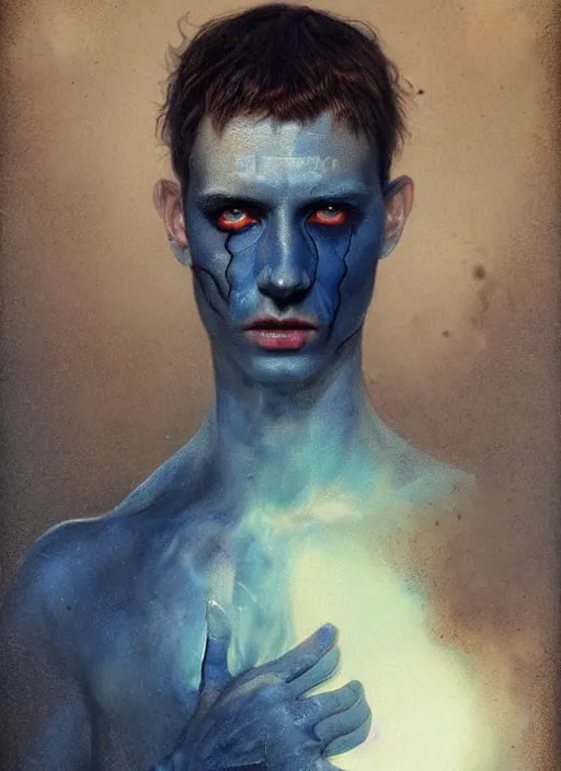 Image similar to a threatening portrait of a burned man with beautiful blue eyes and short brown hair, art by manuel sanjulian and tom bagshaw