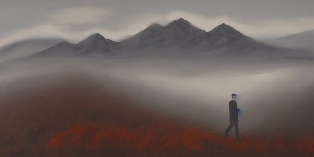 Image similar to jon hale painting of twin peaks, ominous, foggy, lone figure of dale cooper in distance, lonely, visible brush strokes, blurry, hd image