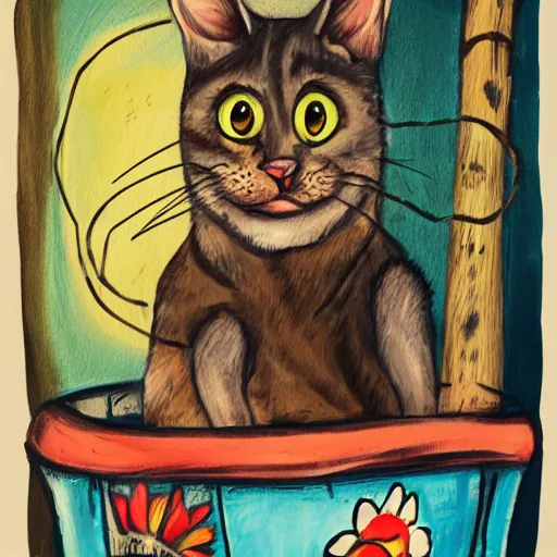 Image similar to a little alley cat living inside trash at night in the style of kahlo