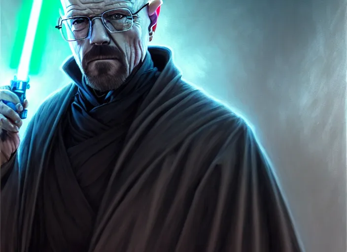 Image similar to wideangle!! portrait shot of heisenberg as a sith in star wars, intricate, elegant, highly detailed, centered, digital painting, artstation, concept art, smooth, sharp focus, illustration, artgerm, tomasz alen kopera, peter mohrbacher, donato giancola, joseph christian leyendecker, wlop, boris vallejo