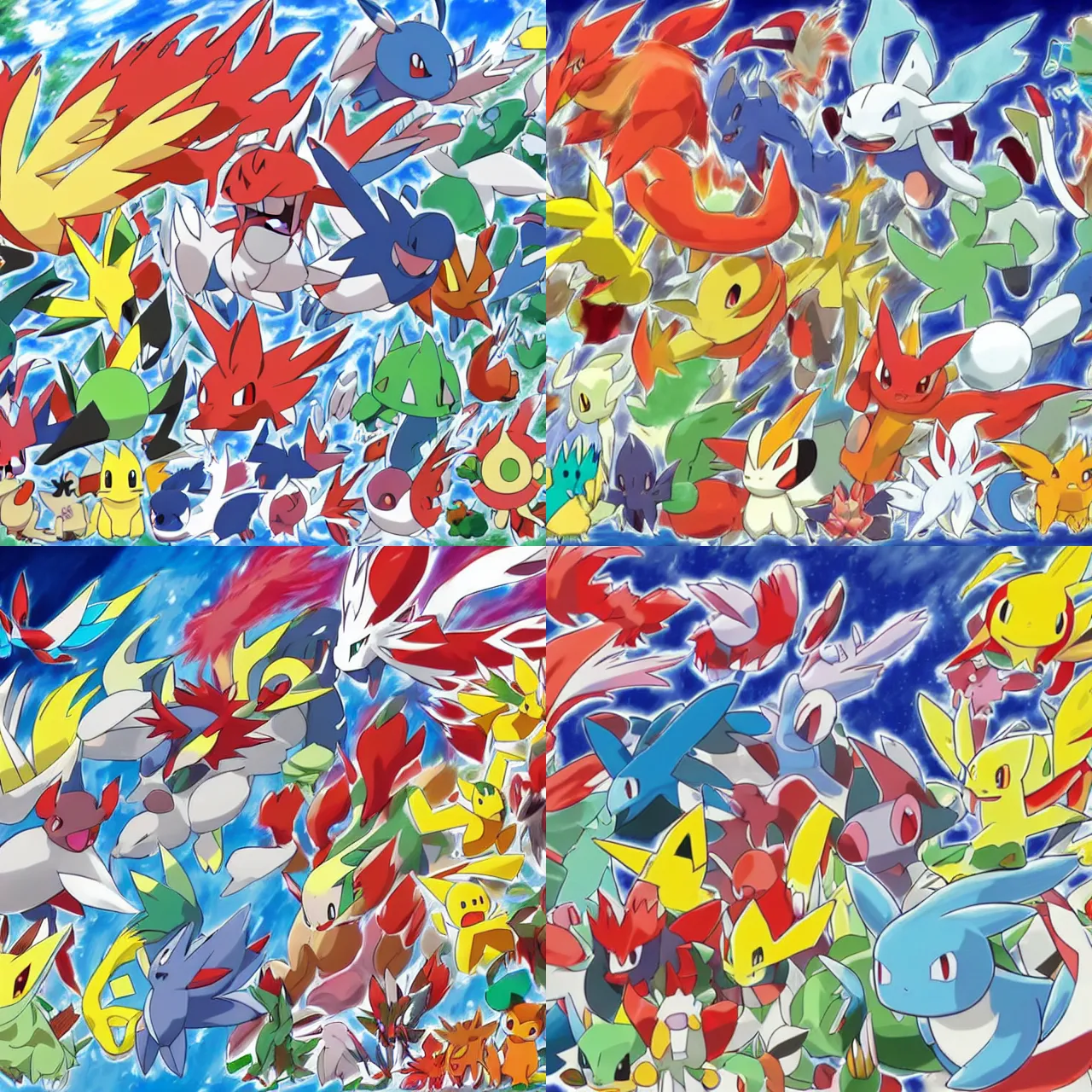 Prompt: official art of a diverse crowd of Pokemon, by Ken Sugimori and Junichi Masuda, whitespace, Bulbapedia, Pokémon logo, ninetales kyogre blaziken camerupt seaking lanturn moltres