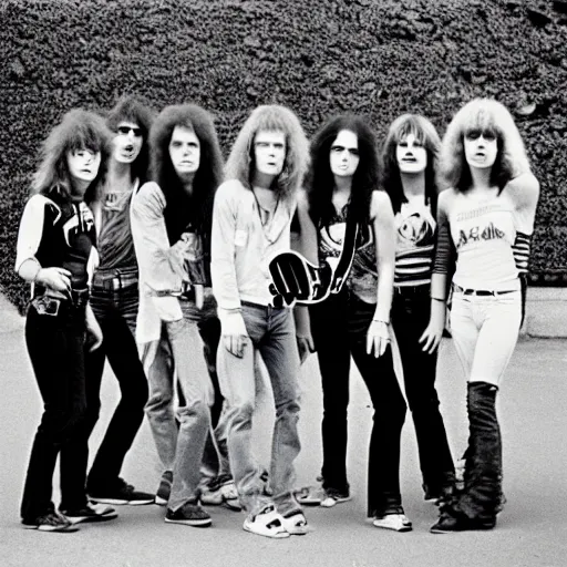 Prompt: Group of 19-year-old women holding electric guitars, long shaggy hair, permed hair, New Wave of British Heavy Metal, band promo photo, Diamond Head, Motörhead, Great Britain, 1981 photograph, 16mm photography