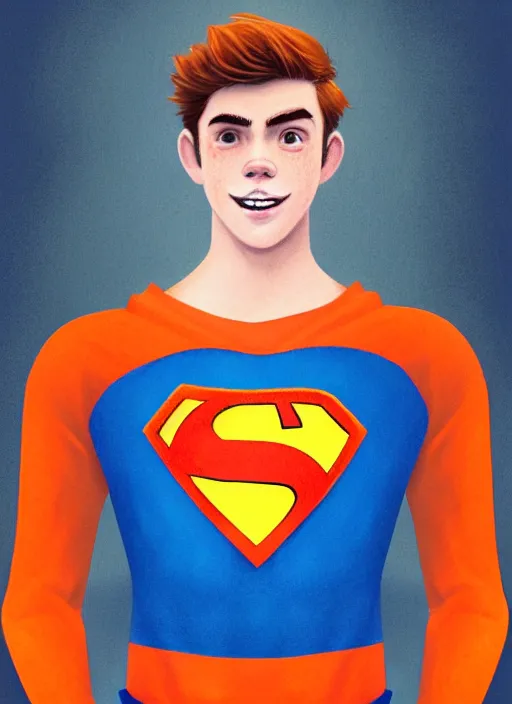 Image similar to friendly teenage archie andrews wearing an orange superhero costume with heart logo, heart, freckles, blue cape, heart emblem on chest, blue cape, intricate, elegant, glowing lights, highly detailed, digital painting, artstation, sharp focus, illustration, art by wlop, mars ravelo and greg rutkowski