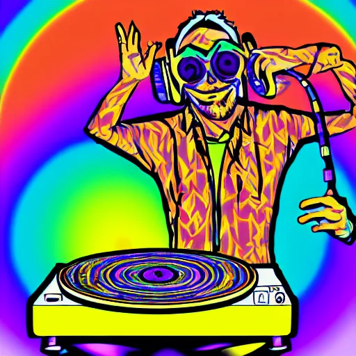 Image similar to svg sticker of a Dancing-Alex-Grey-Psychedelic-Rave-Man, at a rave, spinning records, giant headphones rocking out, wearing headphones, huge speakers, dancing, rave, DJ, spinning records, digital art, amazing composition, rule-of-thirds, award-winning, trending on artstation, featured on deviantart