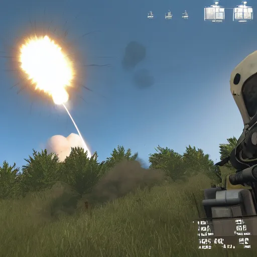 Image similar to arma 3 screenshot, rocket launch, blasting off, rocket smoke