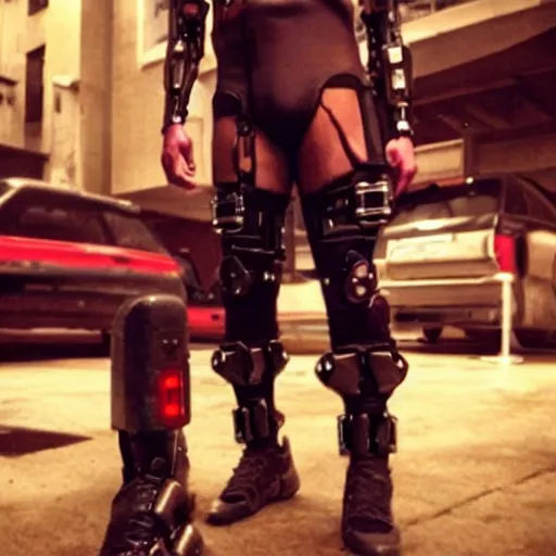 Image similar to grainy photo of an male cyberpunk character wearing bionic implants, criminal,