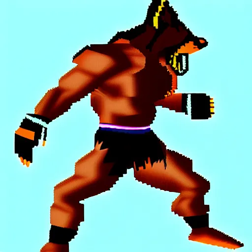 Image similar to full body shot antropomorphic muscular masculine wolf. kickboxer. wolf head. furr on body. 8 bit nes graphics. vaporwave futuristic 8 0's