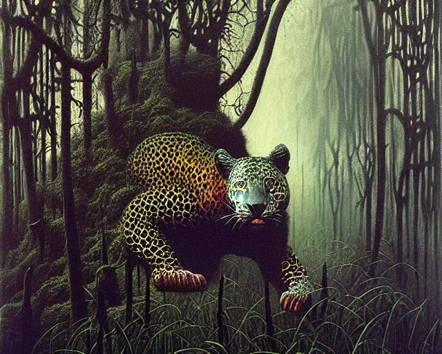 Image similar to Beksinski painting. Jaguar in a dark misty jungle, painted by Beksinski