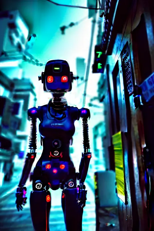 Prompt: a photo close up cyberpunk half robot half girl stands in a cyberpunk cambodian street, at night, photorealistic, cinematic lighting, very detailed, style by tomino - sama