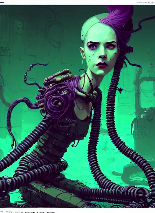 Image similar to highly detailed portrait of wasteland punk long caustic poison hair tribal lady, stray wiring by atey ghailan, james gilleard, by joe fenton, by greg rutkowski, by greg tocchini, by kaethe butcher, 4 k resolution, gradient green, purple, black and white color scheme!!! ( ( green flaming robotic sewer background ) )