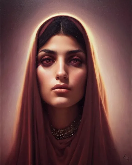 Image similar to a highly realistic, true to life portrait of a beautiful young middle eastern girl, sharp focus, from the waist up, under studio lighting, taken with a canon eos camera with 1 3 5 mm focal length, art by karol bak, james jean, tom bagshaw, trending on artstation,