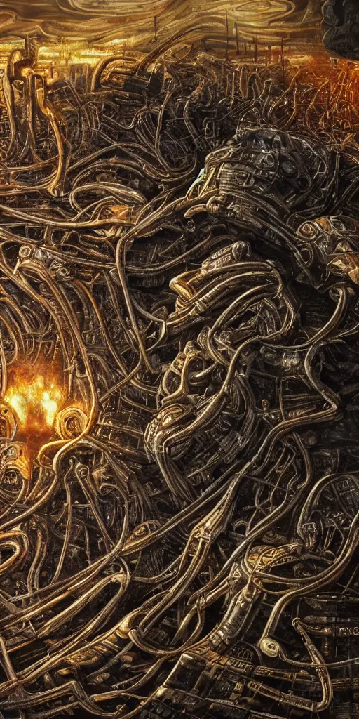 Image similar to great bitcoin crash, single rusted bitcoin, apocalyptic famine poverty and war, planet burning due to mining, h. r. giger, dark fantasy painting featured artstation