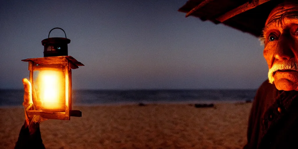 Image similar to film still of closeup old man holding up lantern by his beach hut at night. pirate ship in the ocean by emmanuel lubezki