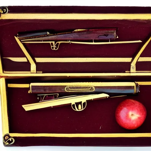 Prompt: an elegant set of victorian dueling pistols decorated with an apple theme, in a velvet lined case