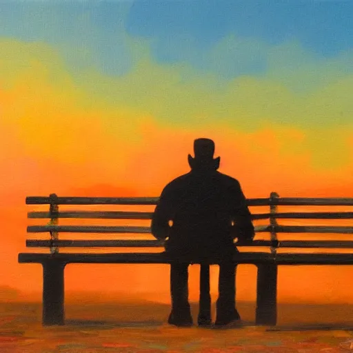 Prompt: oil on canvas, modern street art, a man sitting on a bench looking at the sunset