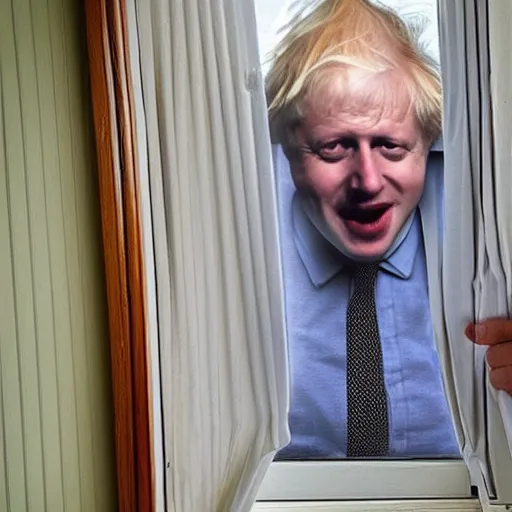 Prompt: a photo taken from the inside of an old house showing window blinds being pulled back to reveal a terrifying boris johnson with his face pressed against the window, boris ’ hand placed on the window, horrifying grin. horror, raining, night time