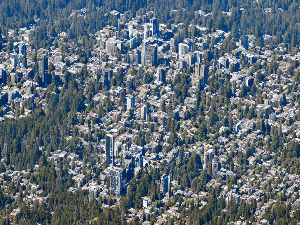 Image similar to bird's eye view photo of a metropolis highrise city, redwood forest to the south