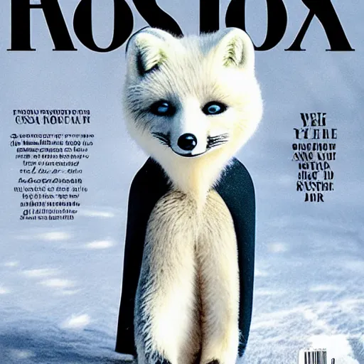 Image similar to fashion magazine cover, featuring anthropomorphic Arctic Fox dressed formally