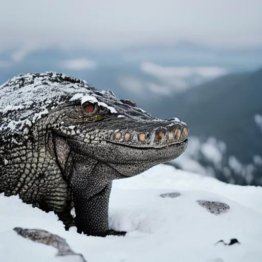 Image similar to photo of an aligator on snowy mountain peak, snow, 50mm, beautiful photo