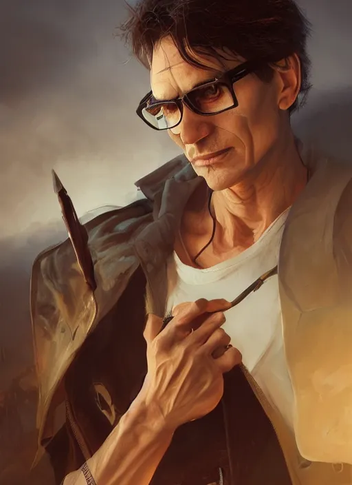 Image similar to steve vai painted by stjepan sejic, golden hour cinematic, detailed matte painting, realistic portrait, symmetrical, highly detailed, digital painting, artstation, concept art, smooth, sharp focus, illustration, cinematic lighting, 8 k resolution