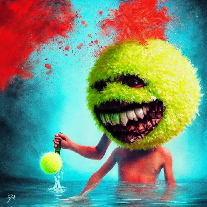 Prompt: cinematic portrait of a cute tennis ball monster in water, chalk, masterpiece, trending on artstation, featured on pixiv, cinematic composition, dramatic pose, beautiful lighting, sharp details, hyper - detailed, hd, hdr, 4 k, 8 k, art by basil gogos