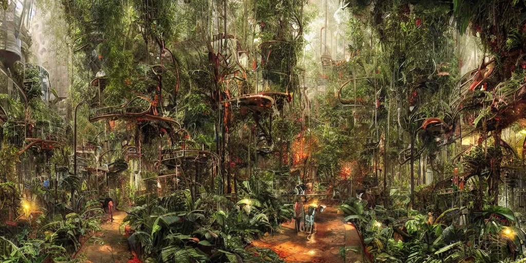 Prompt: a jungle path made of skulls covering a red line subway station in Hollywood/Vine, a dystopian city taken back by nature, lush, dense jungle, award winning, cinematic light, by Oliver beck and Marc simonetti