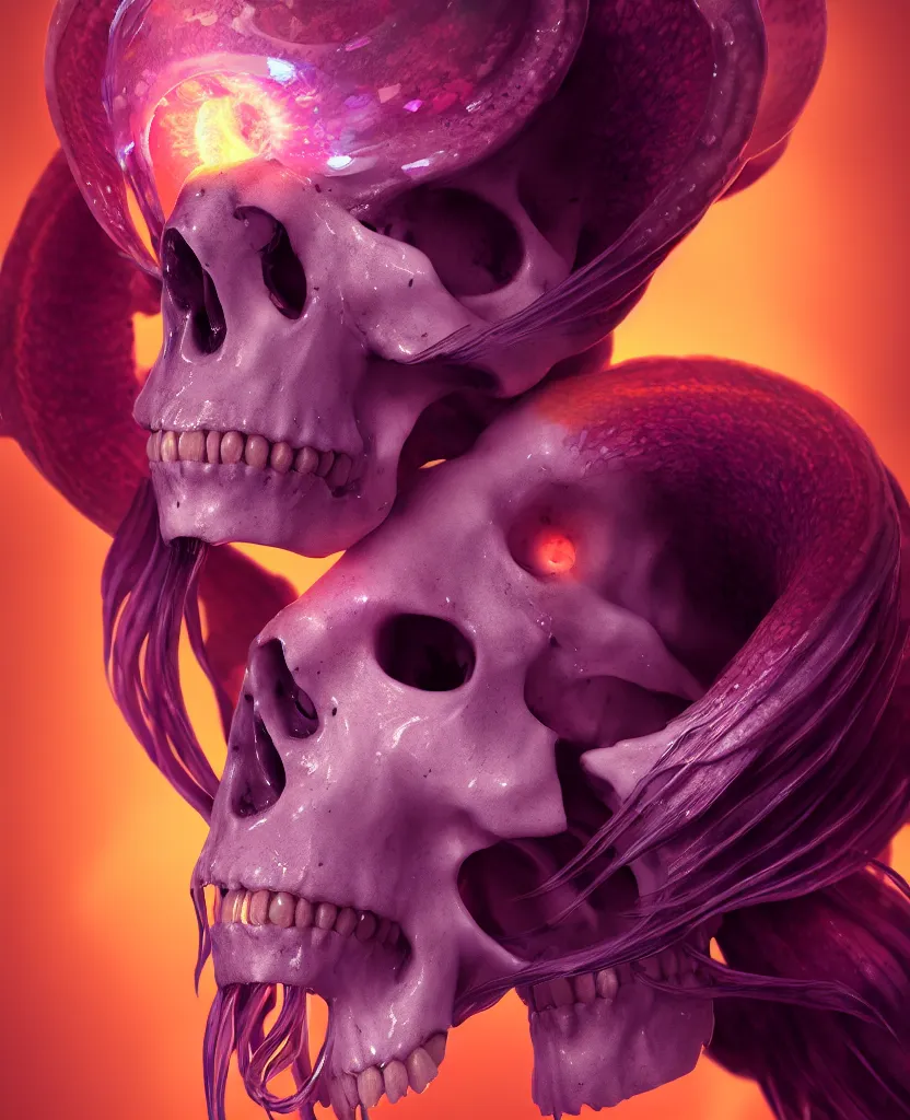 Image similar to goddess close - up portrait human skull, ram skull, squid phoenix jellyfish, orchid, betta fish, bioluminiscent, intricate artwork by tooth wu and wlop and beeple. octane render, trending on artstation, greg rutkowski very coherent symmetrical artwork. cinematic, hyper realism, high detail, octane render, 8 k