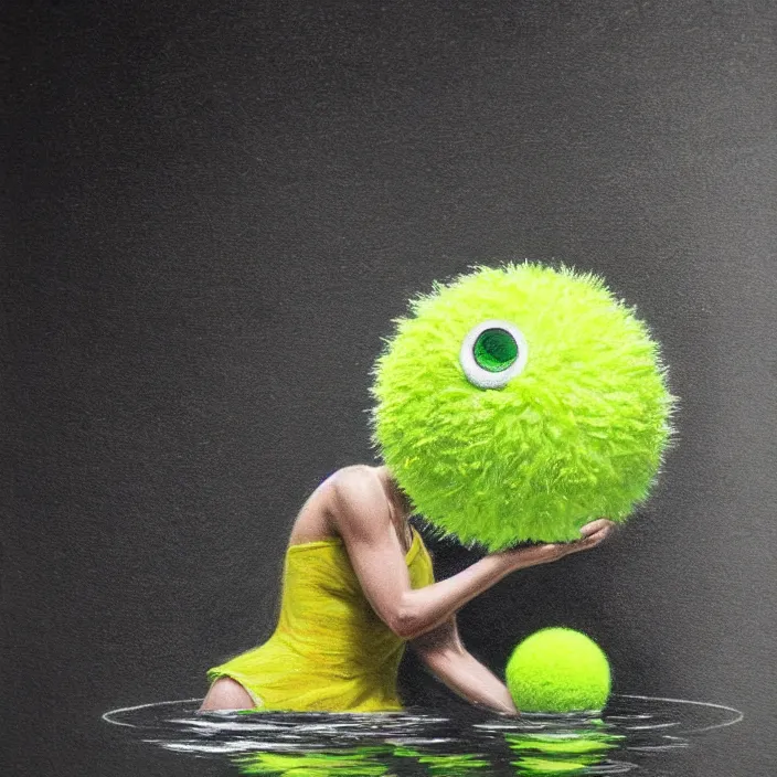 Image similar to cinematic portrait of a cute tennis ball monster in water, chalk, masterpiece, trending on artstation, featured on pixiv, cinematic composition, dramatic pose, beautiful lighting, sharp details, hyper - detailed, hd, hdr, 4 k, 8 k, art by basil gogos