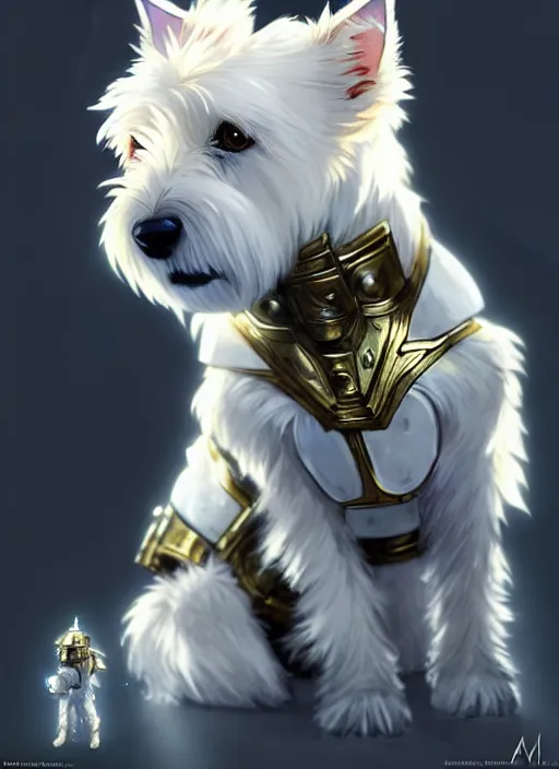 Image similar to a west highland white terrier, anime art style, wearing futuristic, led - lit armor, and a cannon mounted on his back, portrait, high detail, sharp focus, digital painting, artstation, concept art, art by hayao miyazaki and artgerm and greg rutkowski and alphonse mucha.