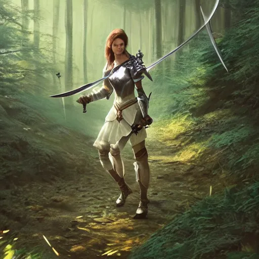 Prompt: Female knight, wielding a two handed sword in a magical forest, by greg rutkowski and thomas kinkade, Trending on artstation, 4K, octane render