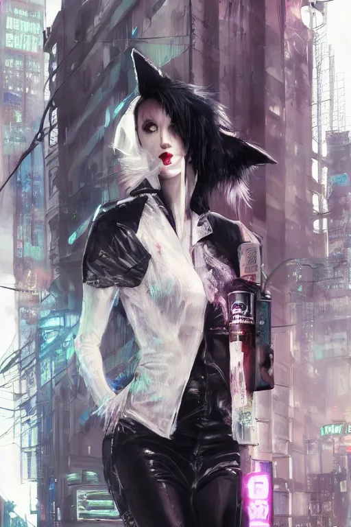 Image similar to gorgeous portrait of a tall beautiful white female anthro fox smoking a cigarette towering head and shoulders above the bustling crowd of a rainy city street around her, goth punk clothes, cyberpunk, harsh neon lights, highly detailed, sharp focus, digital painting, illustration, trending on artstation, art by sakimichan, wlop, greg rutkowski