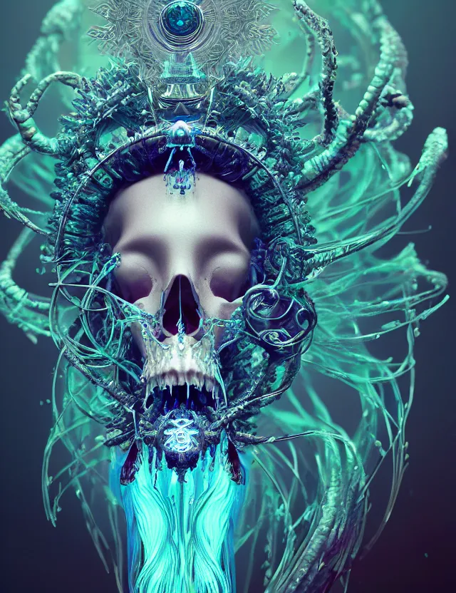Image similar to goddess macro close - up portrait with crown made of ram skull. phoenix, betta fish, jellyfish, bioluminiscent, plasma, ice, water, wind, creature, super intricate ornaments artwork by tooth wu and wlop and beeple and greg rutkowski