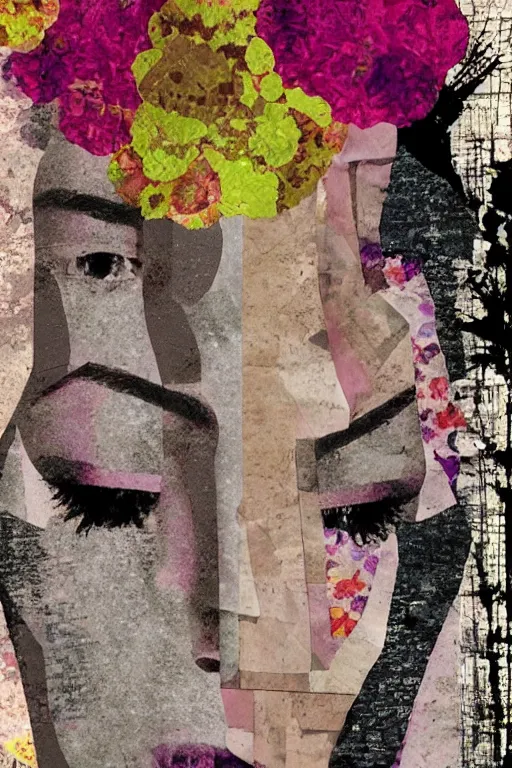 Image similar to glitch abstraction made from collage of female medieval faces mixed with flowers