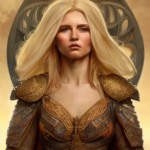 Image similar to A beautiful digital painting of a strong woman with blond haire, in a regal armor, princess, barbarian, D&D, fantasy, intricate, cinematic lighting, highly detailed, digital painting, Artstation, concept art, smooth, sharp focus, illustration, art by Artgerm and Greg Rutkowski, Alphonse Mucha and charlie bowater