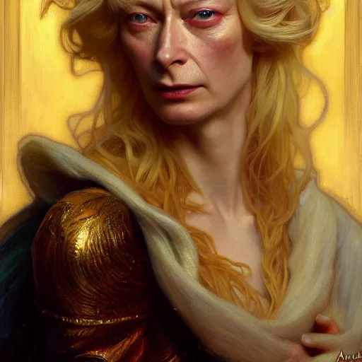 Image similar to young adult tilda swinton as lucifer morningstar, long blond hair, natural lighting, path traced, highly detailed, high quality, digital painting, by gaston bussiere, craig mullins, alphonse mucha j. c. leyendecker